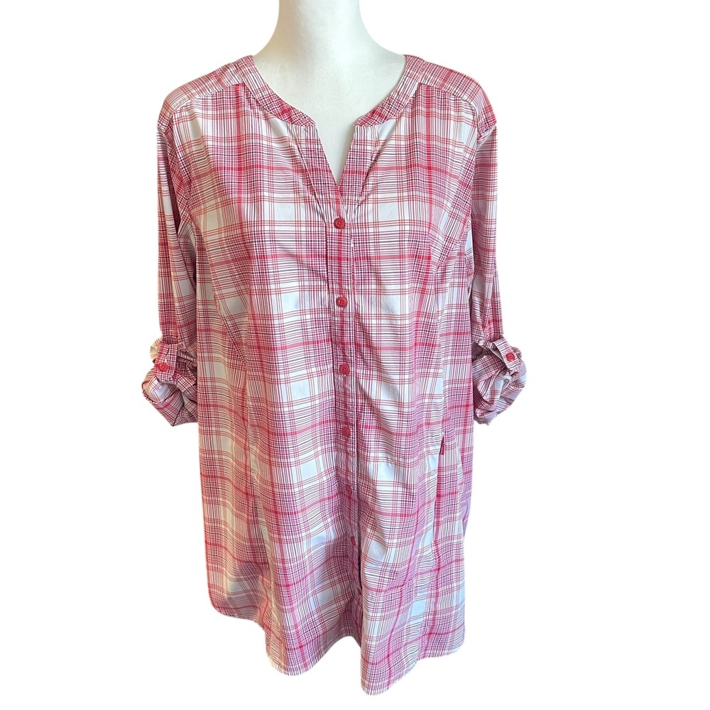 Duluth Trading Co Shirt Women's 1X Red Plaid Sidewinder Tunic Roll Tab Sleeve